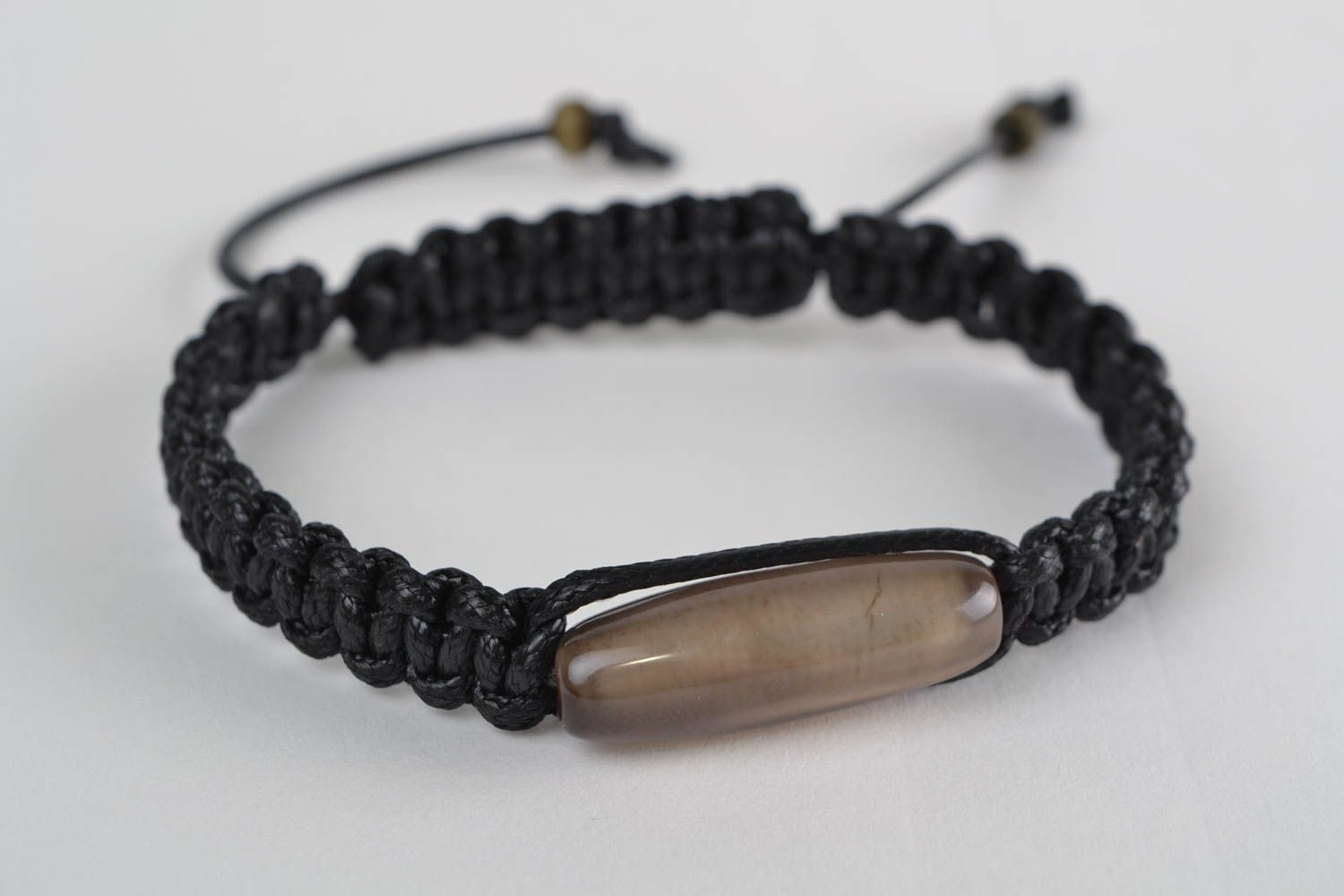 Handmade women's black woven waxed cord bracelet with agate stone and ties photo 3