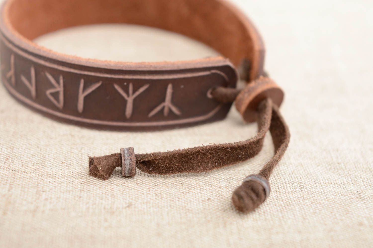 Dark brown genuine leather bracelet with runes photo 3