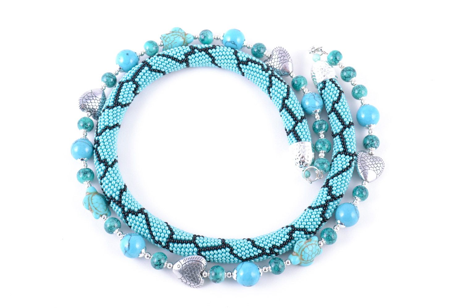 Bijou original collier en perles de rocaille et turquoise fait main tressé photo 4