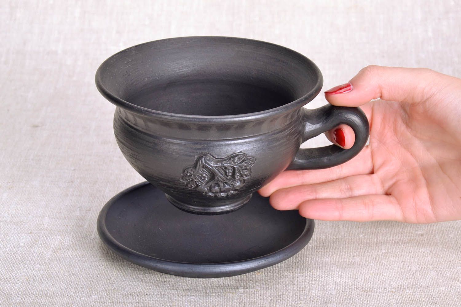 Smoked black clay glazed coffee cup with handle and saucer and grapes' pattern photo 6