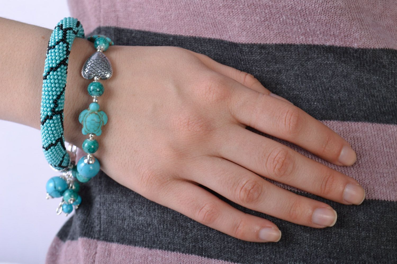Handmade beaded cord necklace woven of seed beads and turquoise stone with metal fittings photo 1