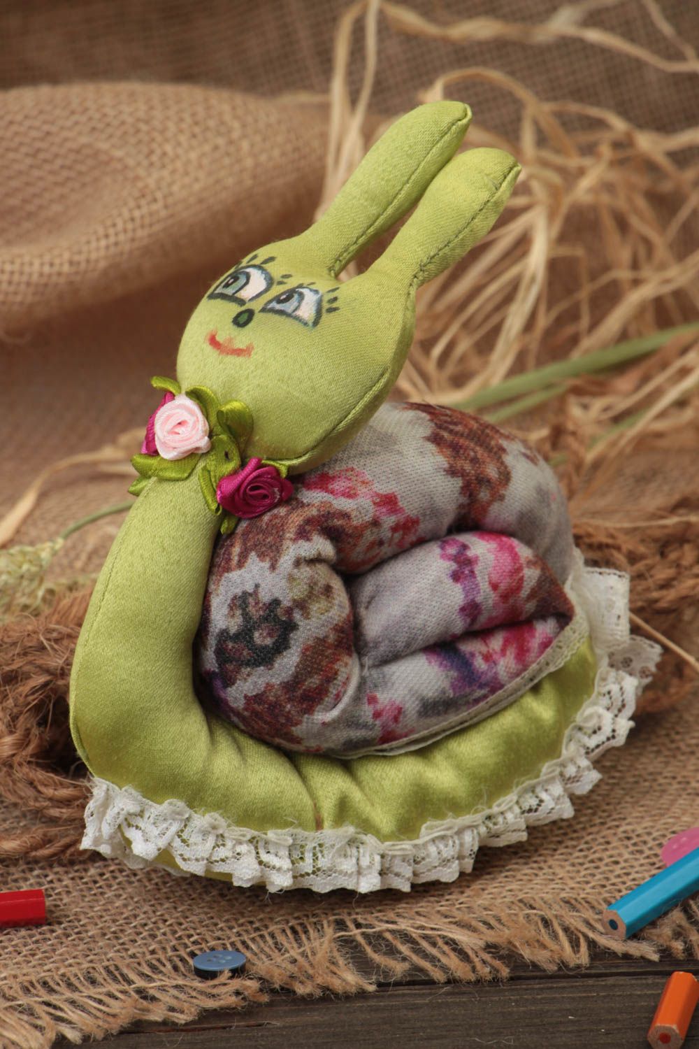Handmade decorative soft toy for children and nursery cute green stuffed snail photo 1