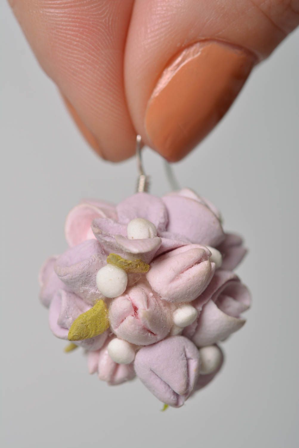 Handmade designer's earrings of polymer clay with lilac flowers photo 3