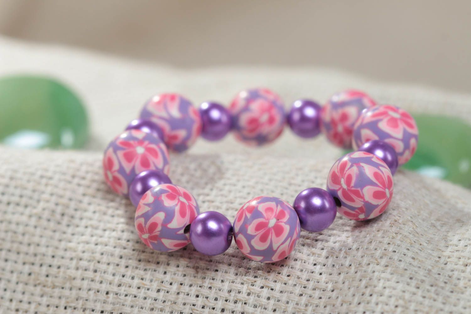 Violet handmade children's polymer clay wrist bracelet with beads photo 1
