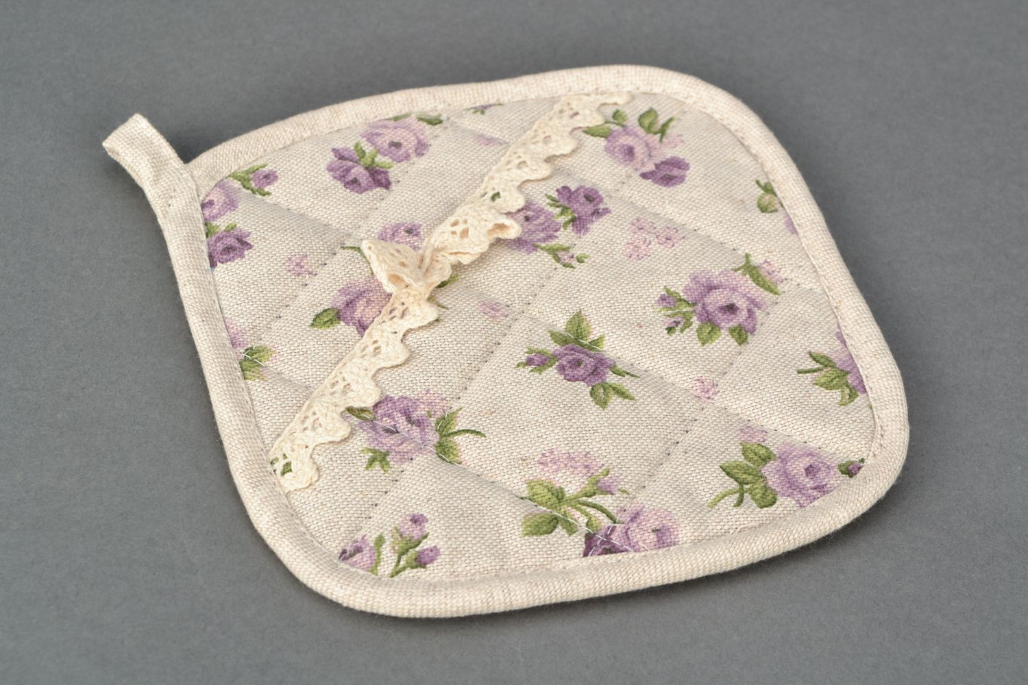 Manique de cuisine beige à motif en coton et polyamide faite main Rose lilas  photo 3