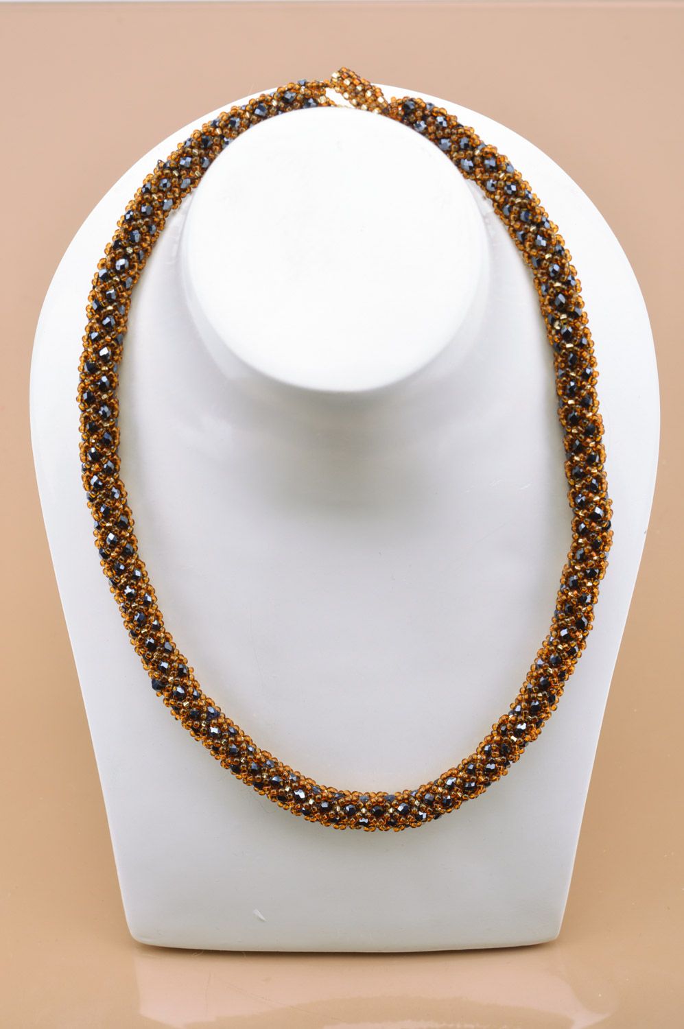 Handmade beaded cord necklace with faceted beads in brown color palette photo 3