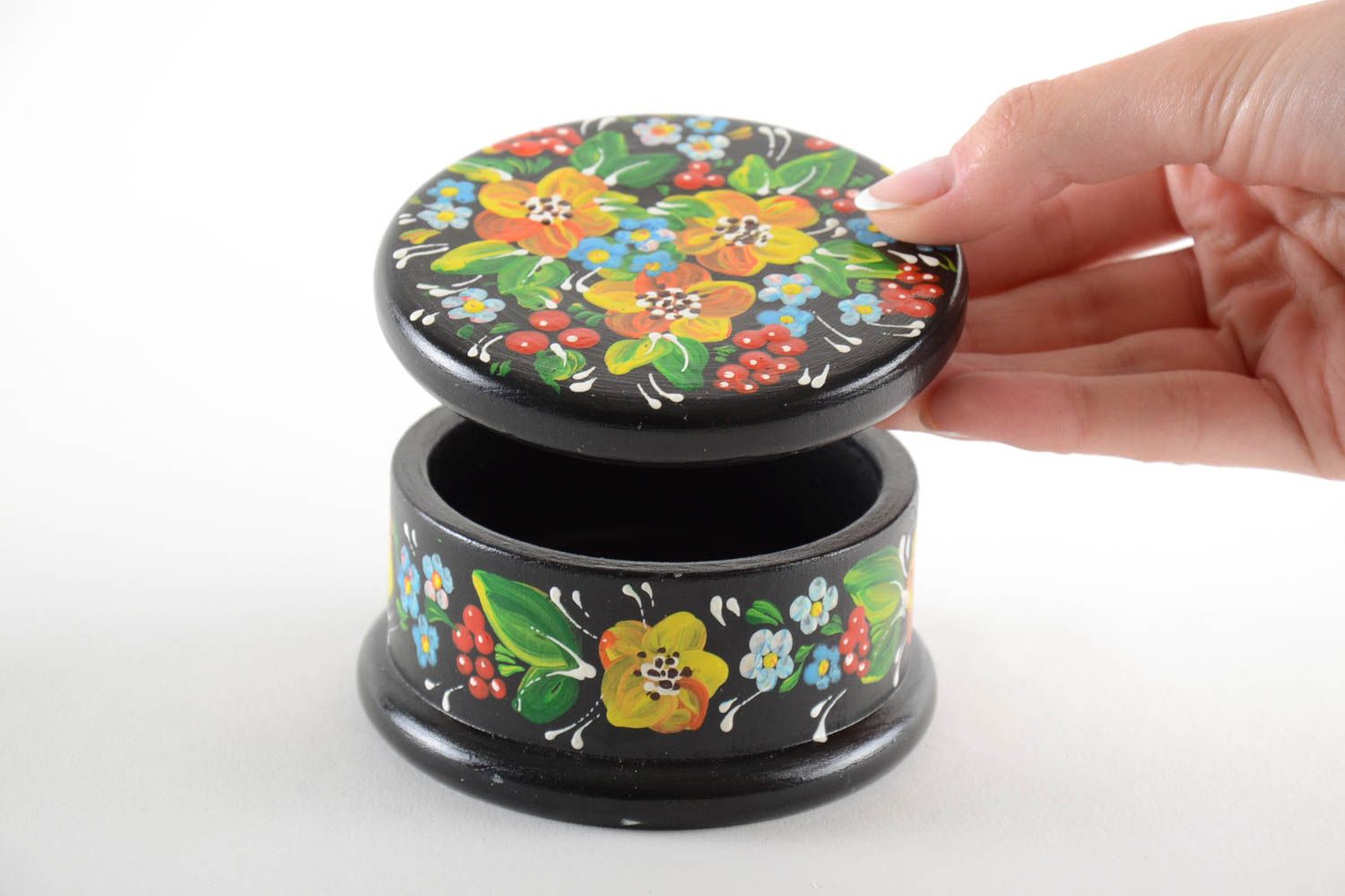 Beautiful bright handmade round wooden box with acrylic painting for decor photo 5
