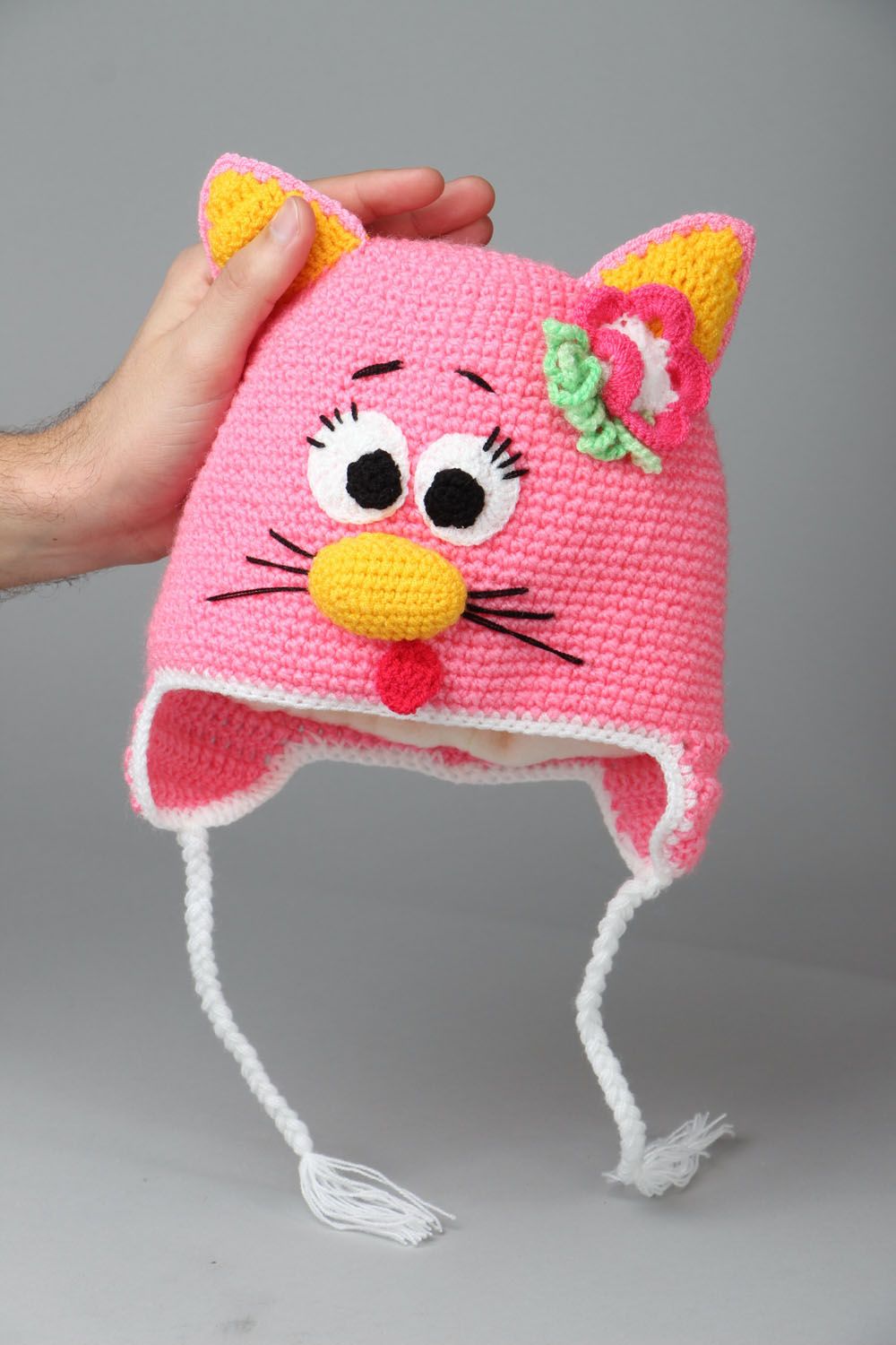Bonnet chat rose tricoté à la main photo 4