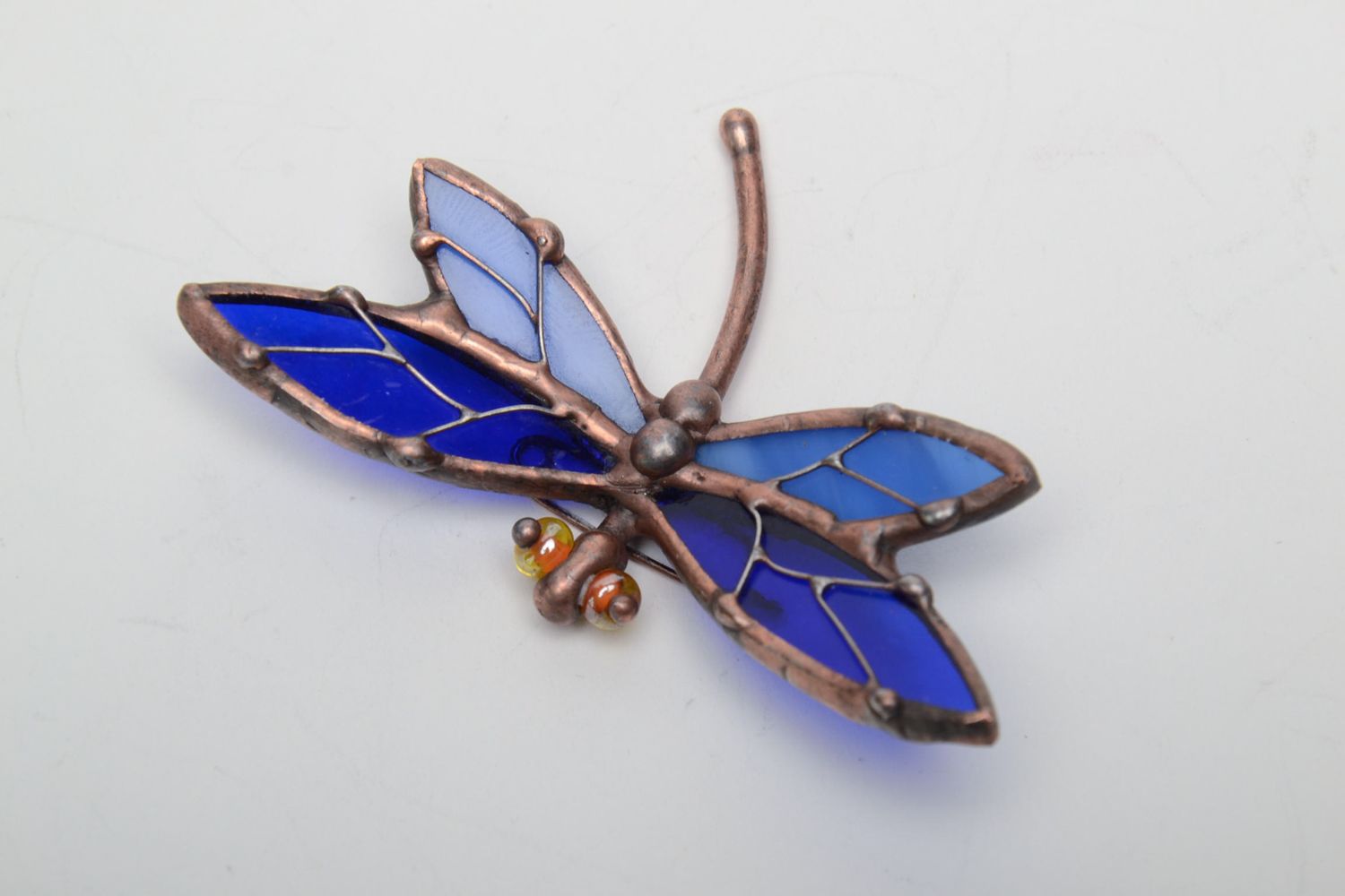 Stained glass brooch in the shape of blue dragonfly photo 2
