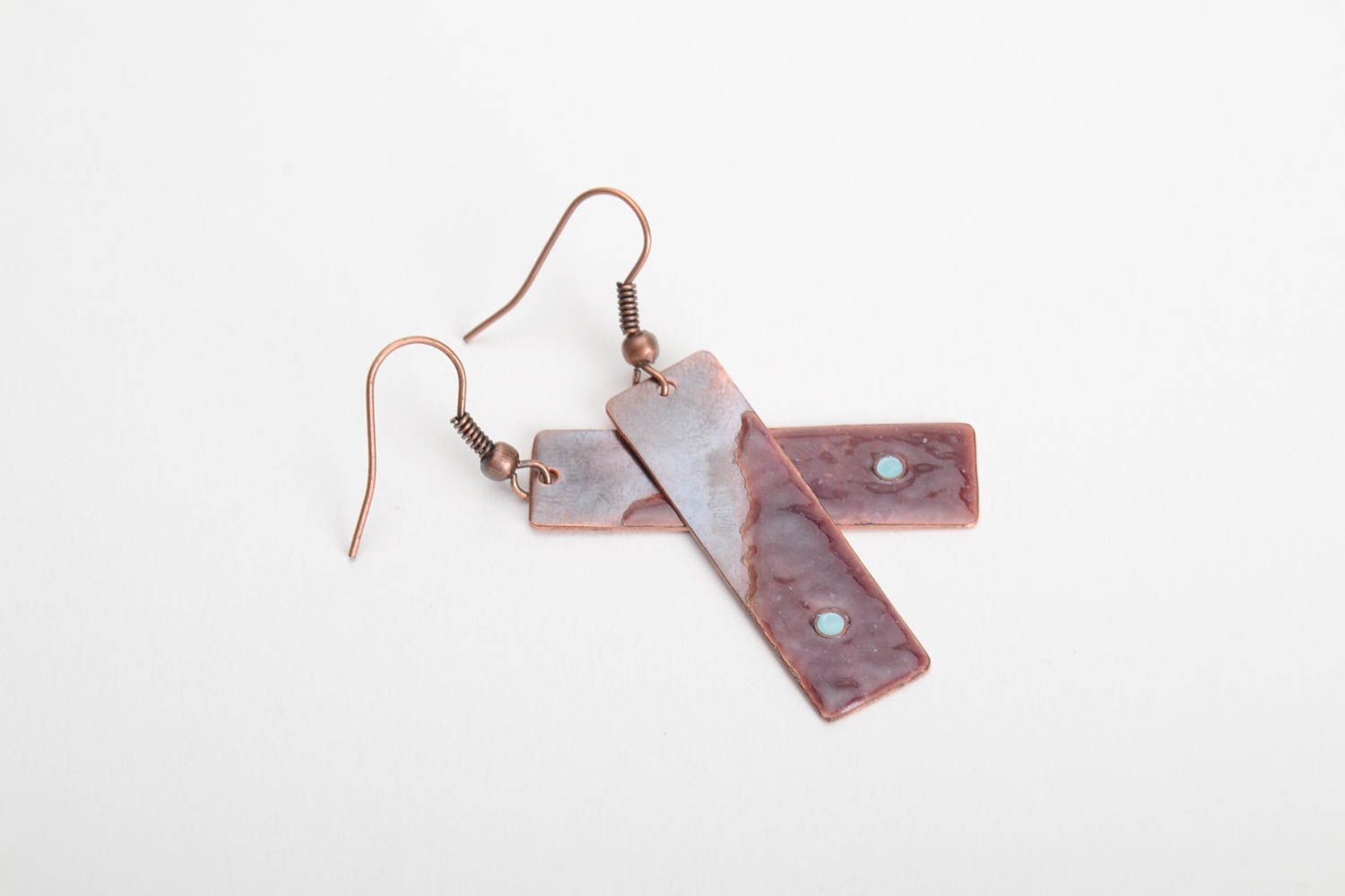 Handmade long copper earrings with hot enamel painting stylish accessory photo 4