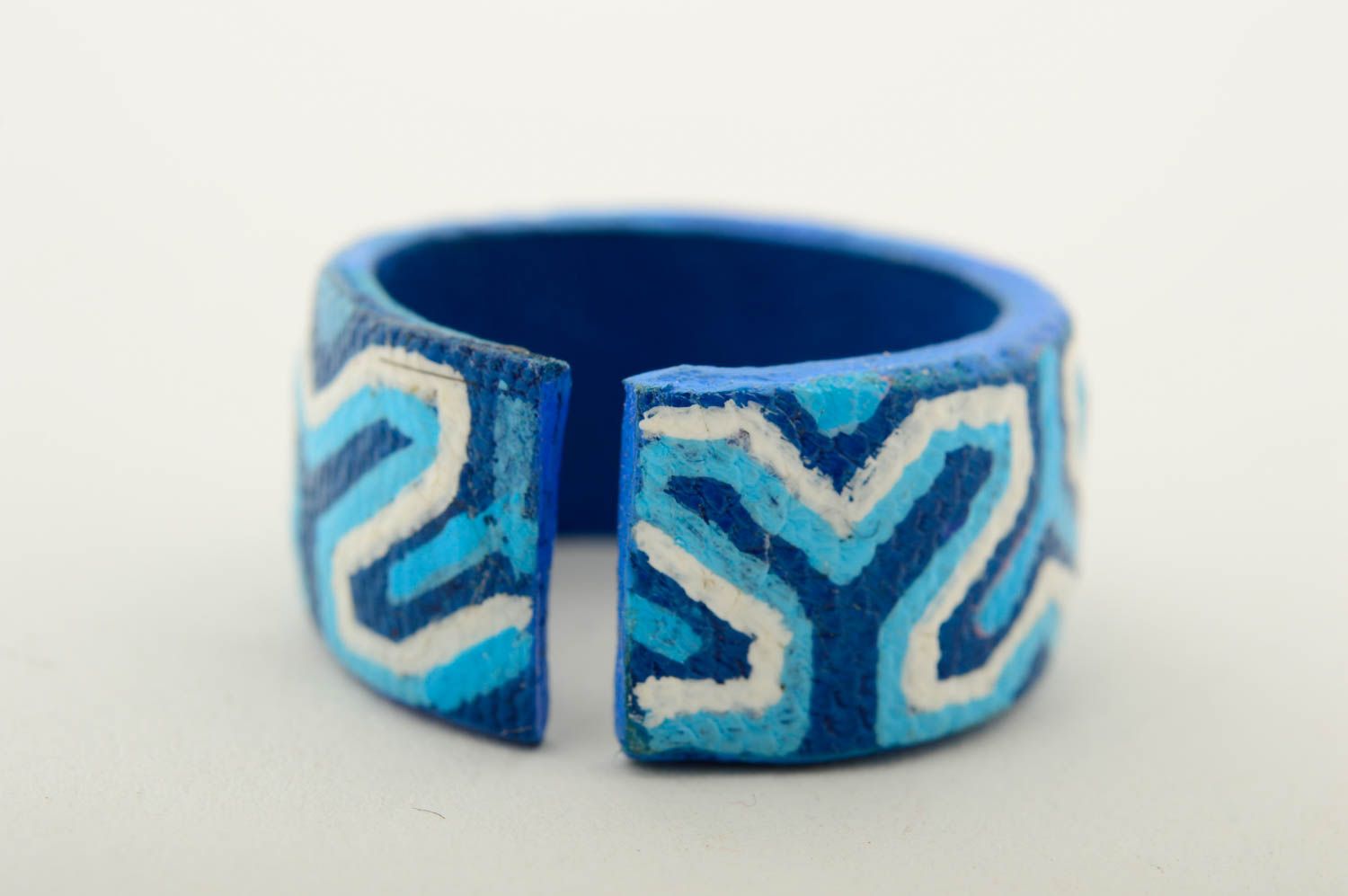 Кольцо ручной работы кожаный аксессуар голубой оригинальное кольцо с росписью фото 4
