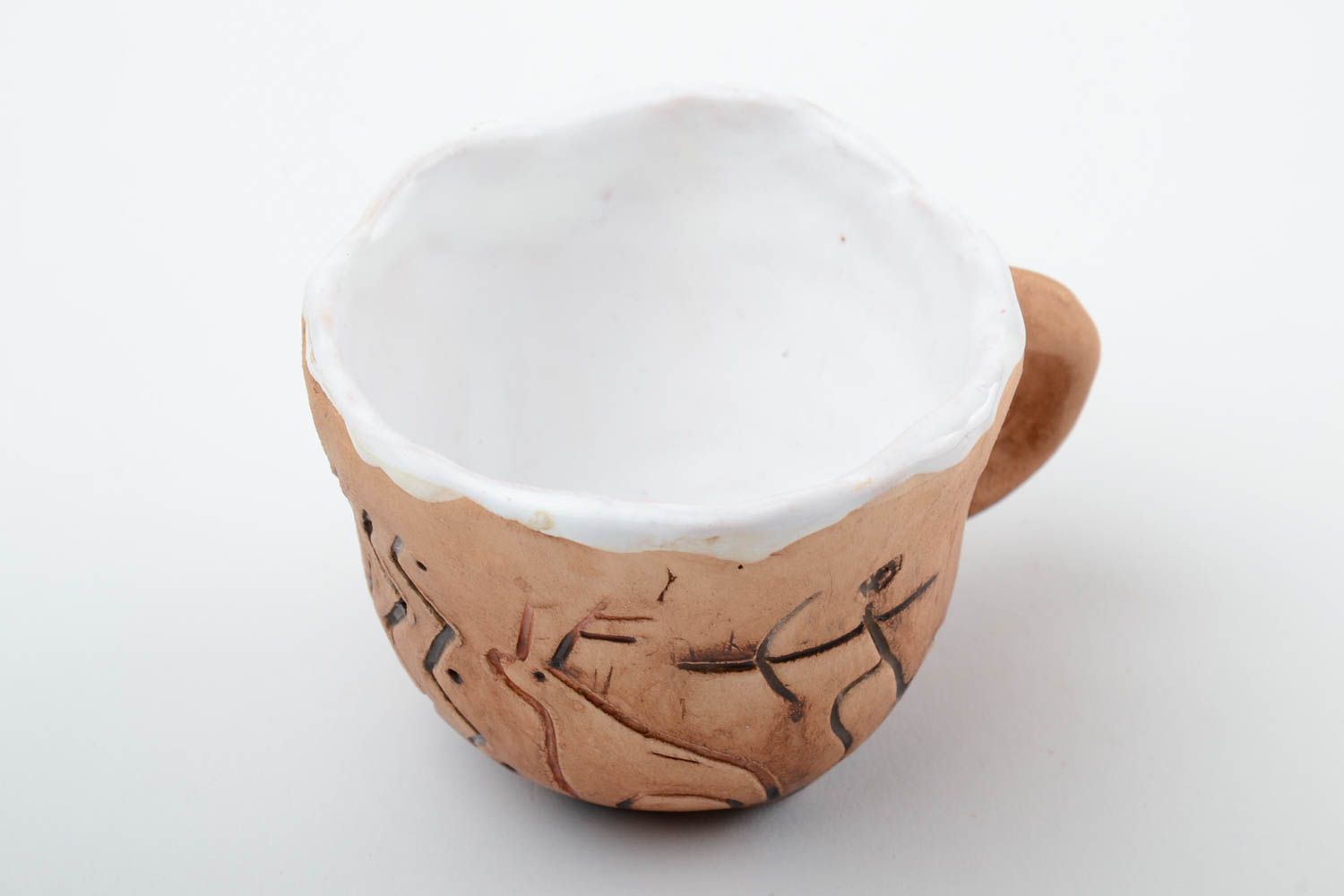 10 oz clay glazed coffee cup with white glaze inside with handle and ancient time pattern 0,43 lb photo 2