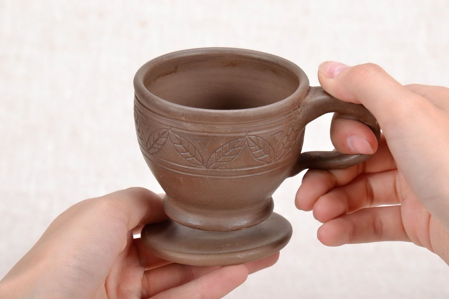 Brown clay glazed clay cup for coffee with handle and Greek pattern photo 5