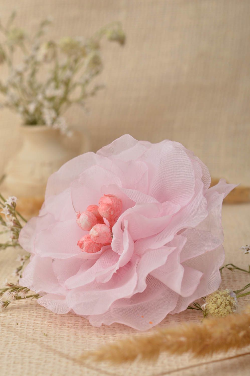 Broche Barrette fleur en satin rose faite main grande Cadeau pour femme photo 1