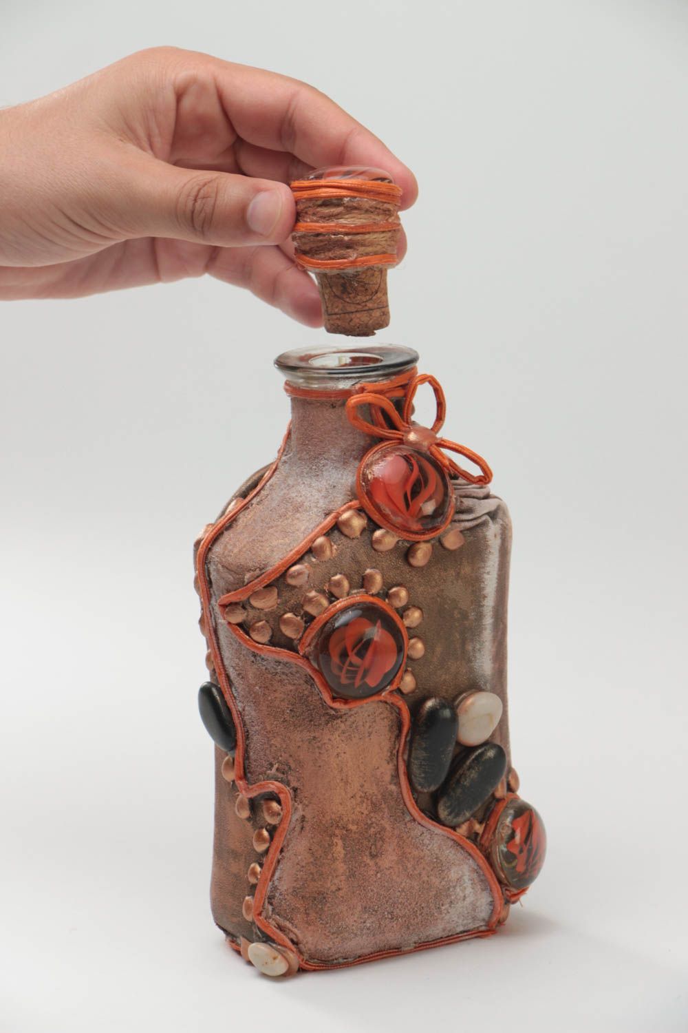 Handmade designer painted bottle decorated with genuine leather and stones photo 5