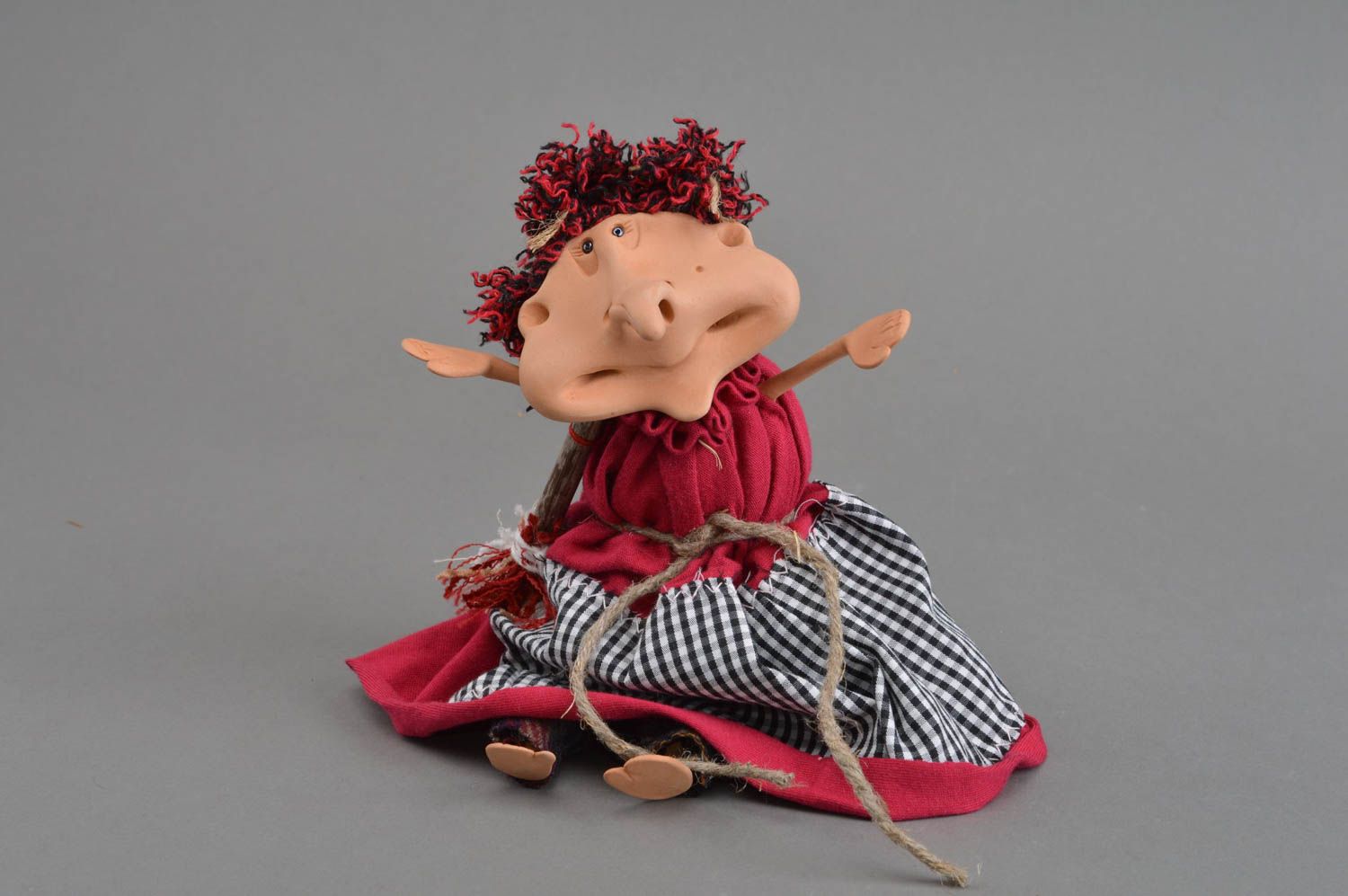 Beautiful homemade decorative toy created of clay and cotton fabric Magician photo 4