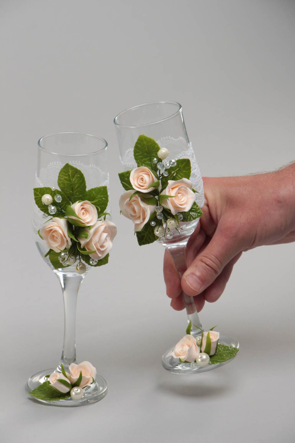 Flutes à champagne pour mariage 2 pièces en verre décorées de fleurs faites main photo 5