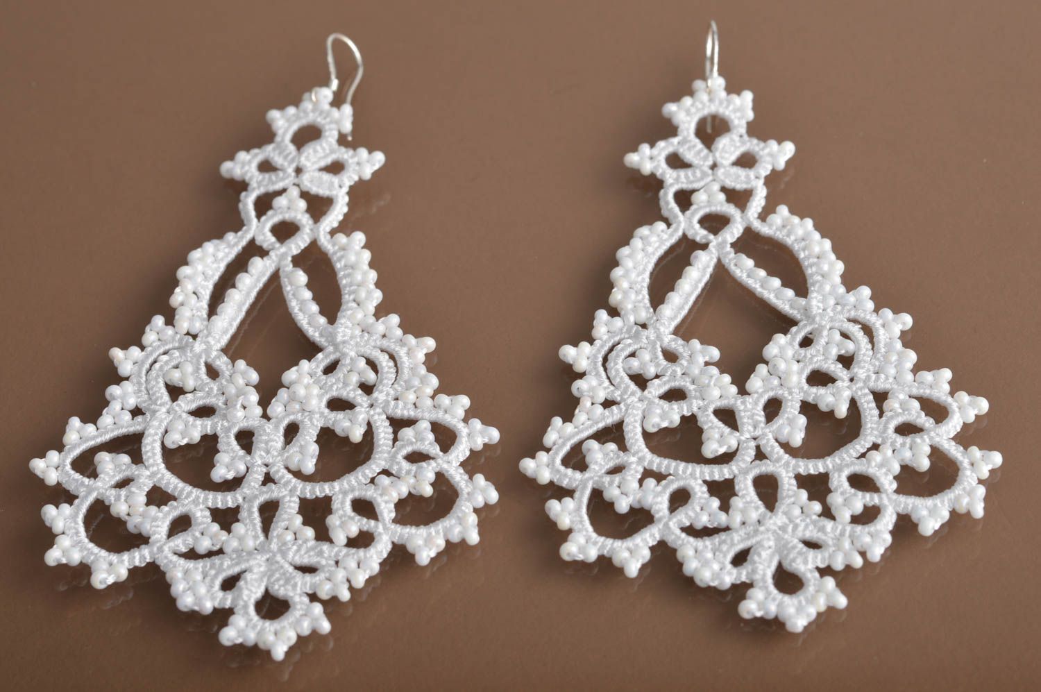 Large white handmade designer tatting lace earrings with beads for women photo 1
