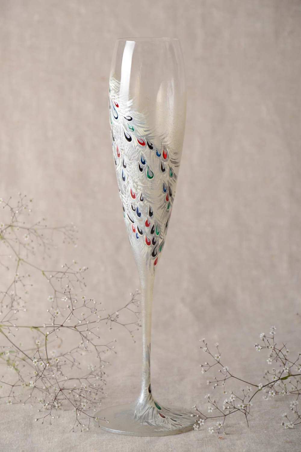 Flûte à champagne en verre tchèque avec peinture faite main de créateur Paon photo 1
