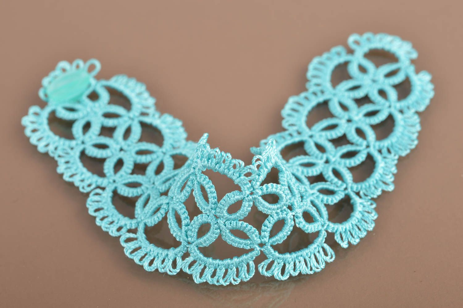 Beautiful homemade designer woven lace wrist bracelet of turquoise color tatting photo 2