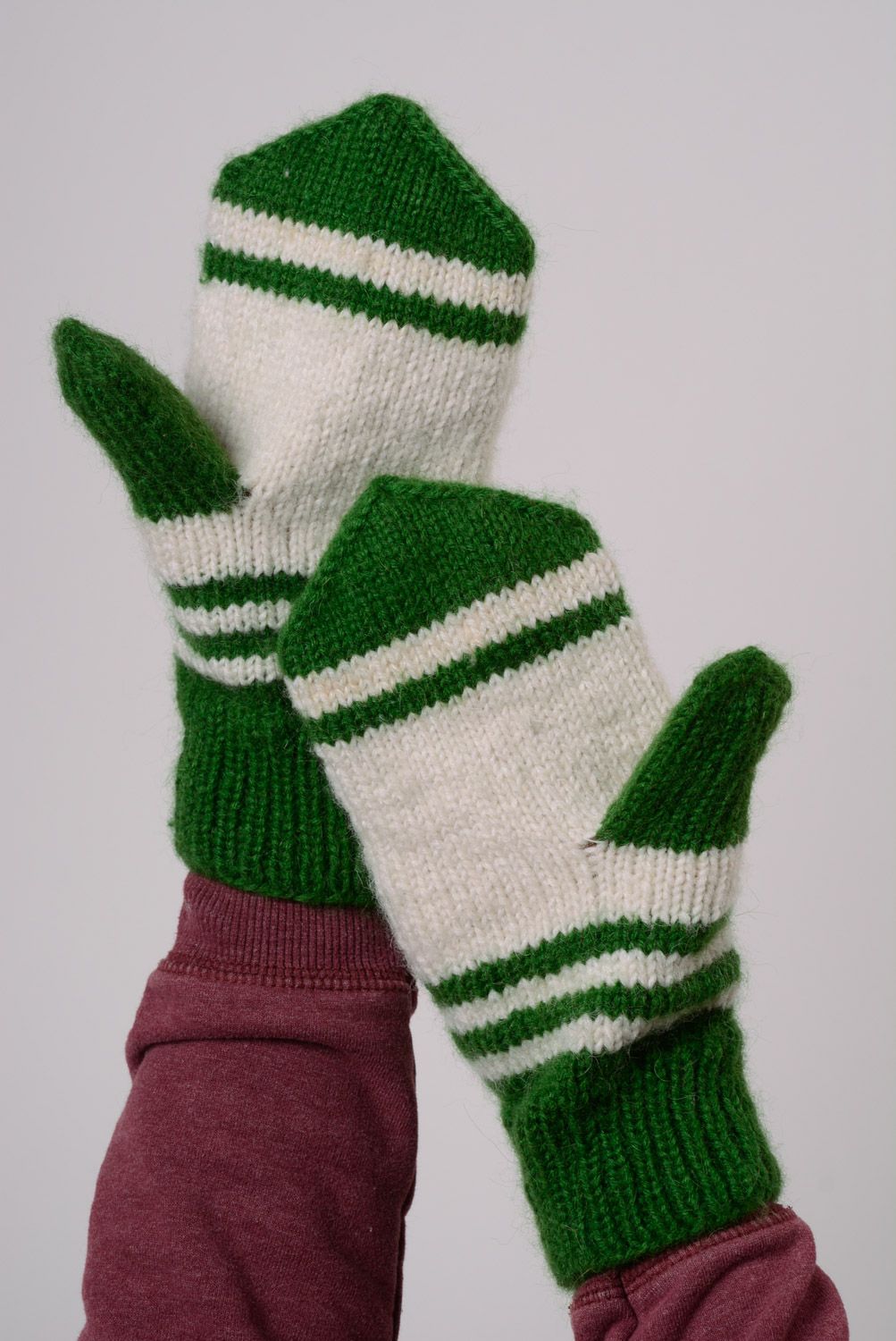 White and green warm hand knitted wool and acrylic mittens photo 3
