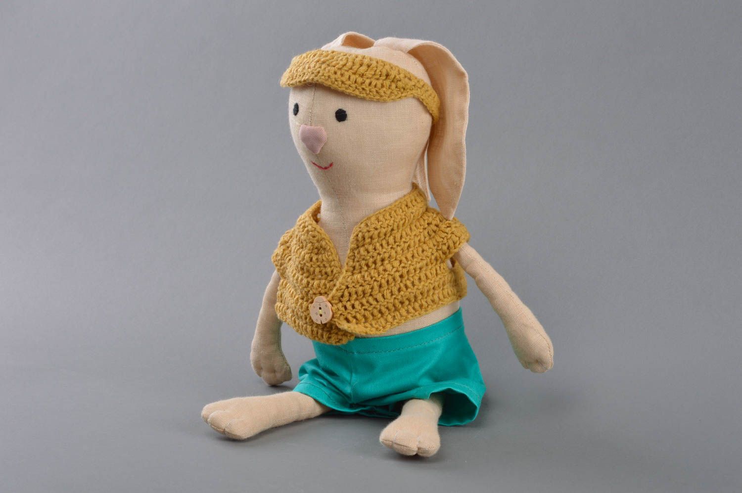 Children's handmade textile linen soft toy Hare in shorts photo 2