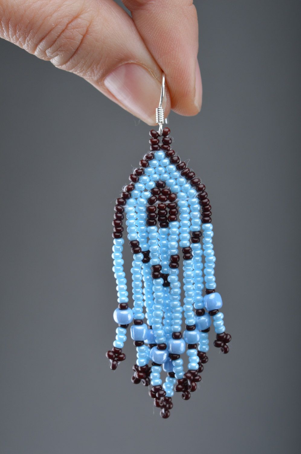 Handmade blue long beaded dangle earrings with fringe in ethnic style  photo 3
