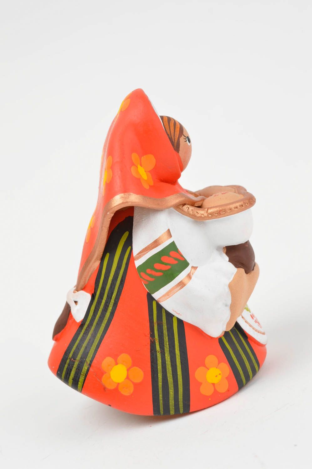Декоративный колокольчик из глины ручной работы Пышная девица в красном платке фото 2