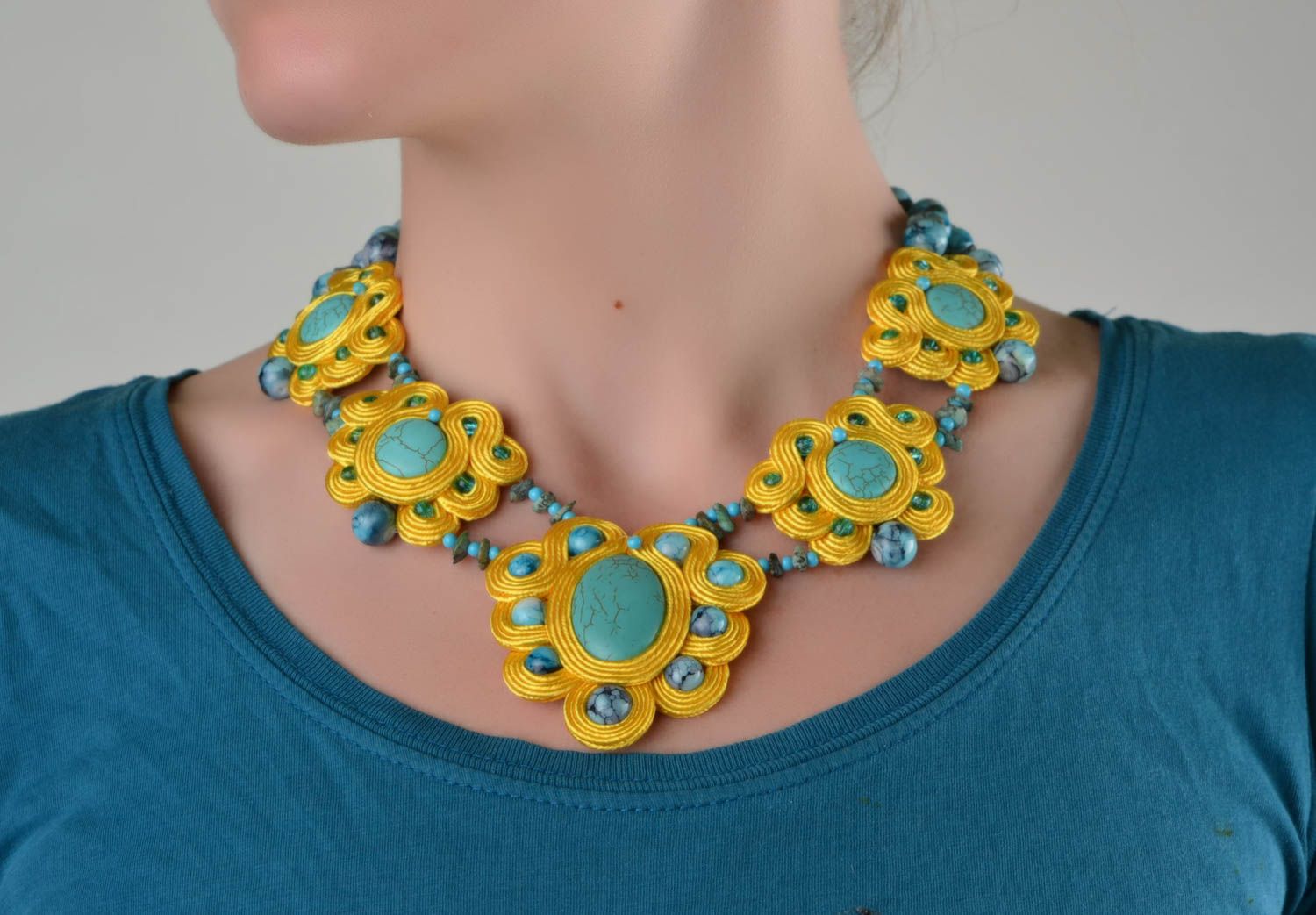 Bright massive handmade designer soutache necklace with natural stone photo 1