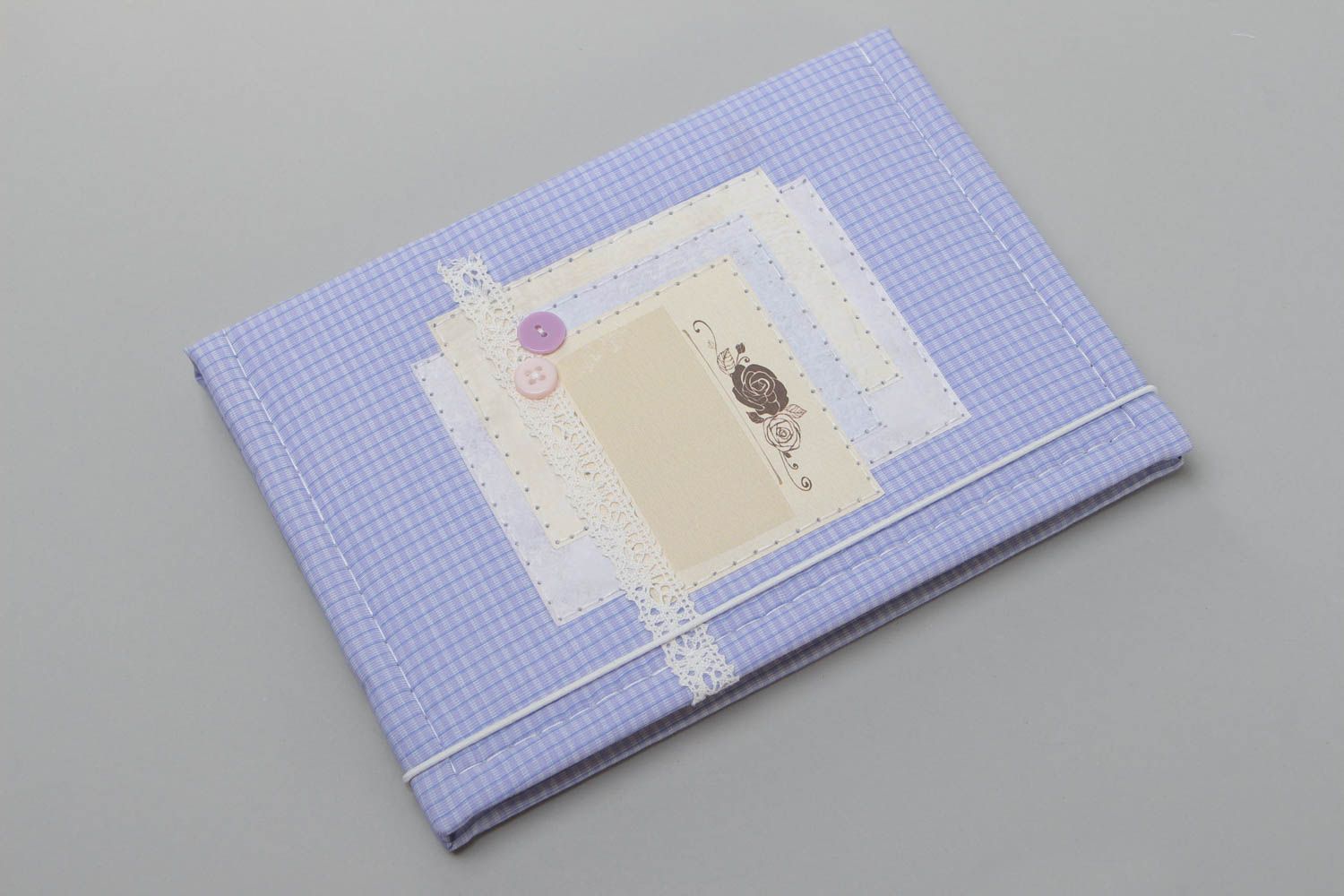 Handmade decorative notebook with violet cotton fabric cover decorated with lace photo 2