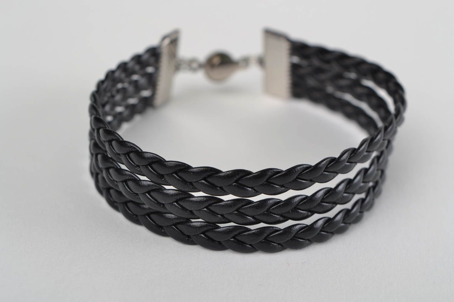Unusual stylish handmade designer black braided faux leather bracelet photo 3