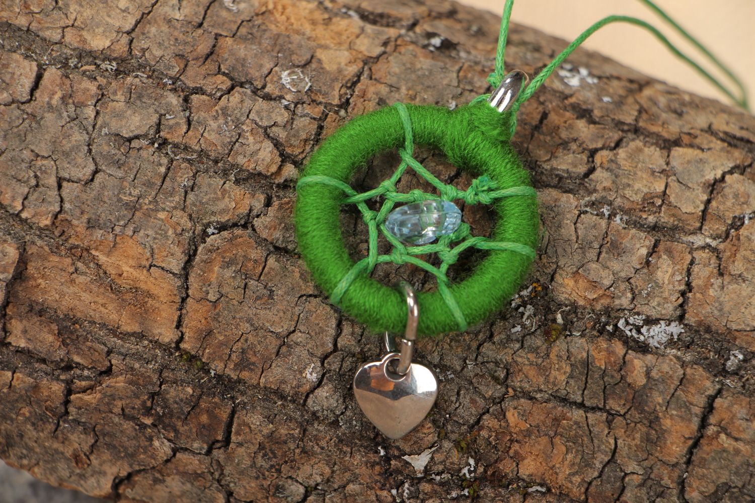 Handmade ethnic dreamcatcher pendant necklace of green color on cord for women photo 1