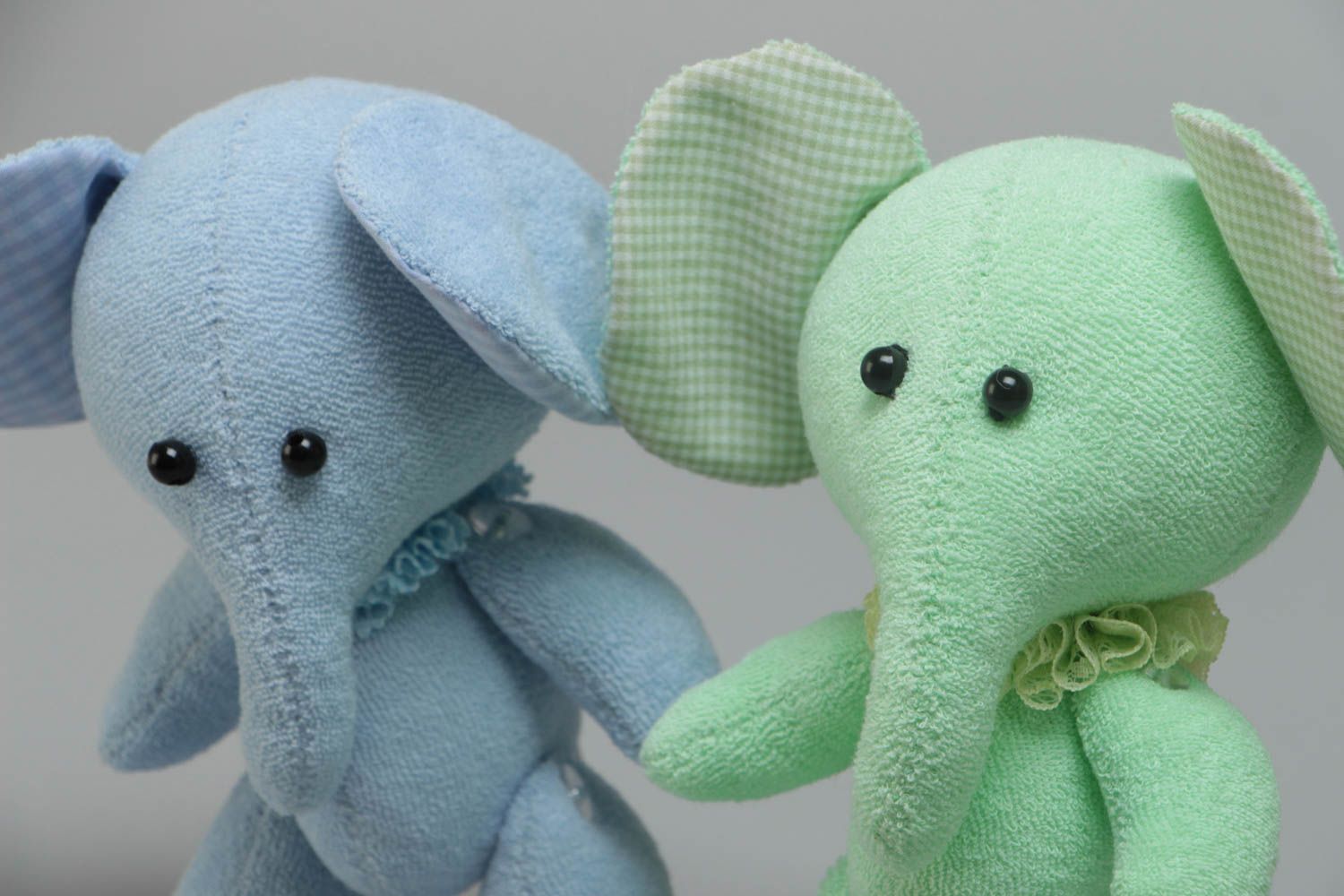 Set of 2 handmade small designer fabric soft toys elephants green and blue  photo 3