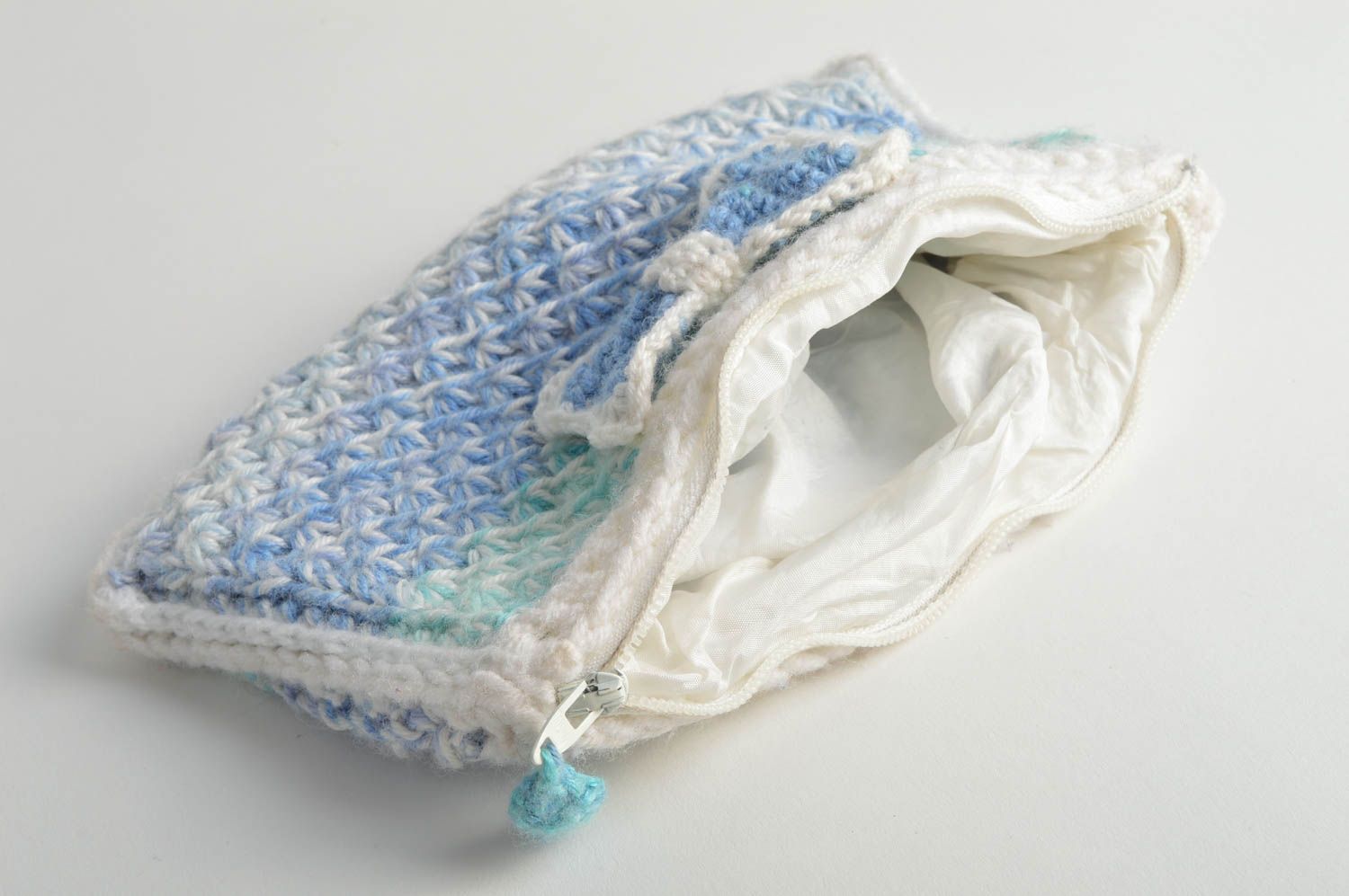Beautiful handmade designer crochet beauty bag of light blue color with zipper photo 5