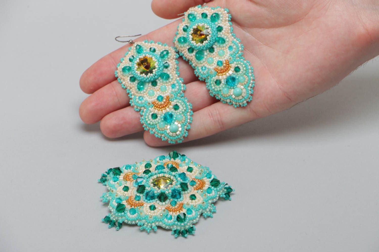 Set of handmade brooch and earrings embroidered with beads and Austrian crystals photo 5