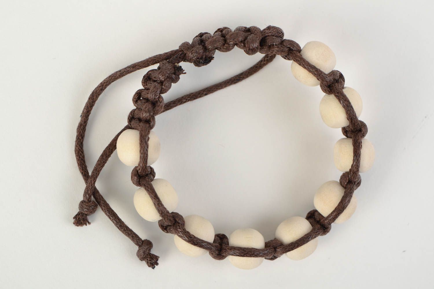 White and brown handmade woven cotton cord bracelet with beads photo 5