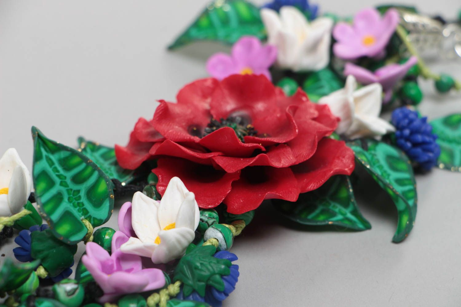 Handmade summer bracelet made of polymer clay with different flowers on chain photo 4