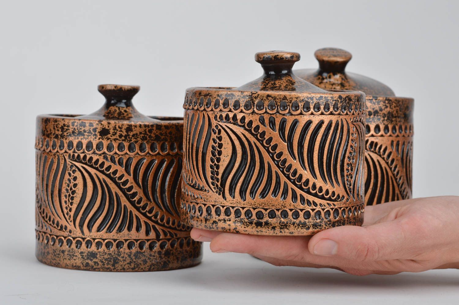 Conjunto de tarros de barro 3 piezas cerámica artesanal vasijas para especias foto 3