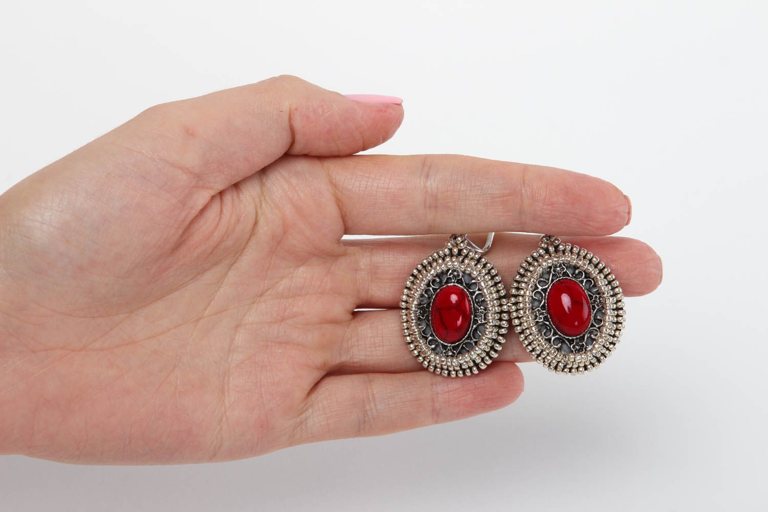 Oval handmade metal earrings beaded gemstone earrings accessories for girls photo 5