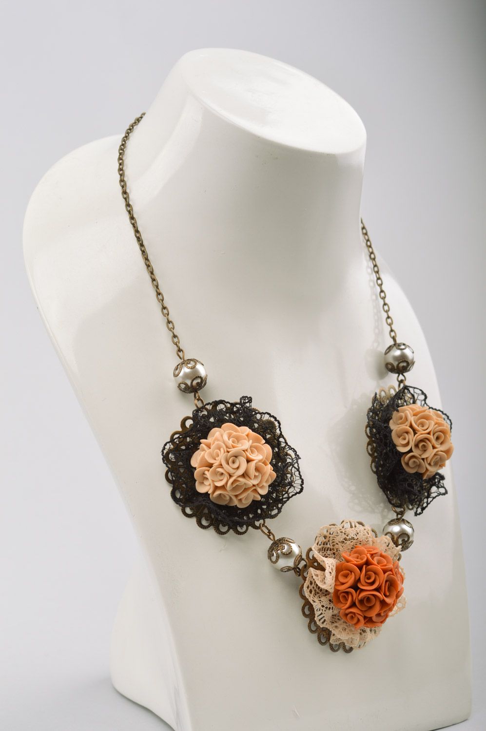 Handmade volume polymer clay flower necklace with lace and beads in antique style photo 4