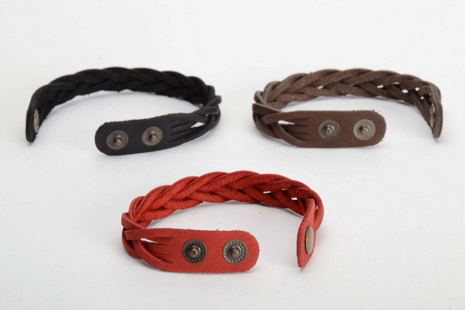 Set of three handmade wrist bracelets woven of red black and brown leather  photo 3