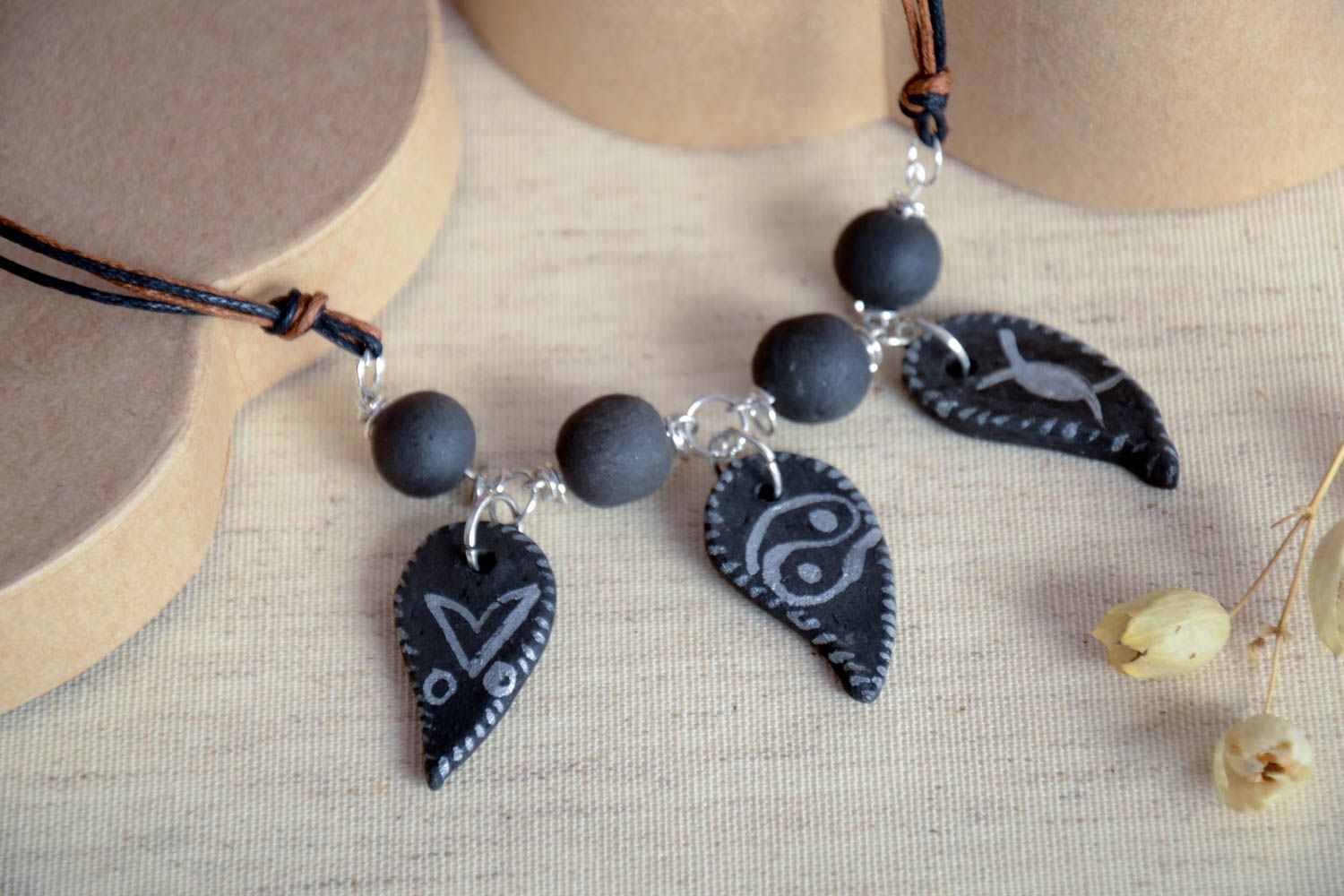 Handmade painted necklace beaded ceramic necklace ethnic style jewelry photo 1