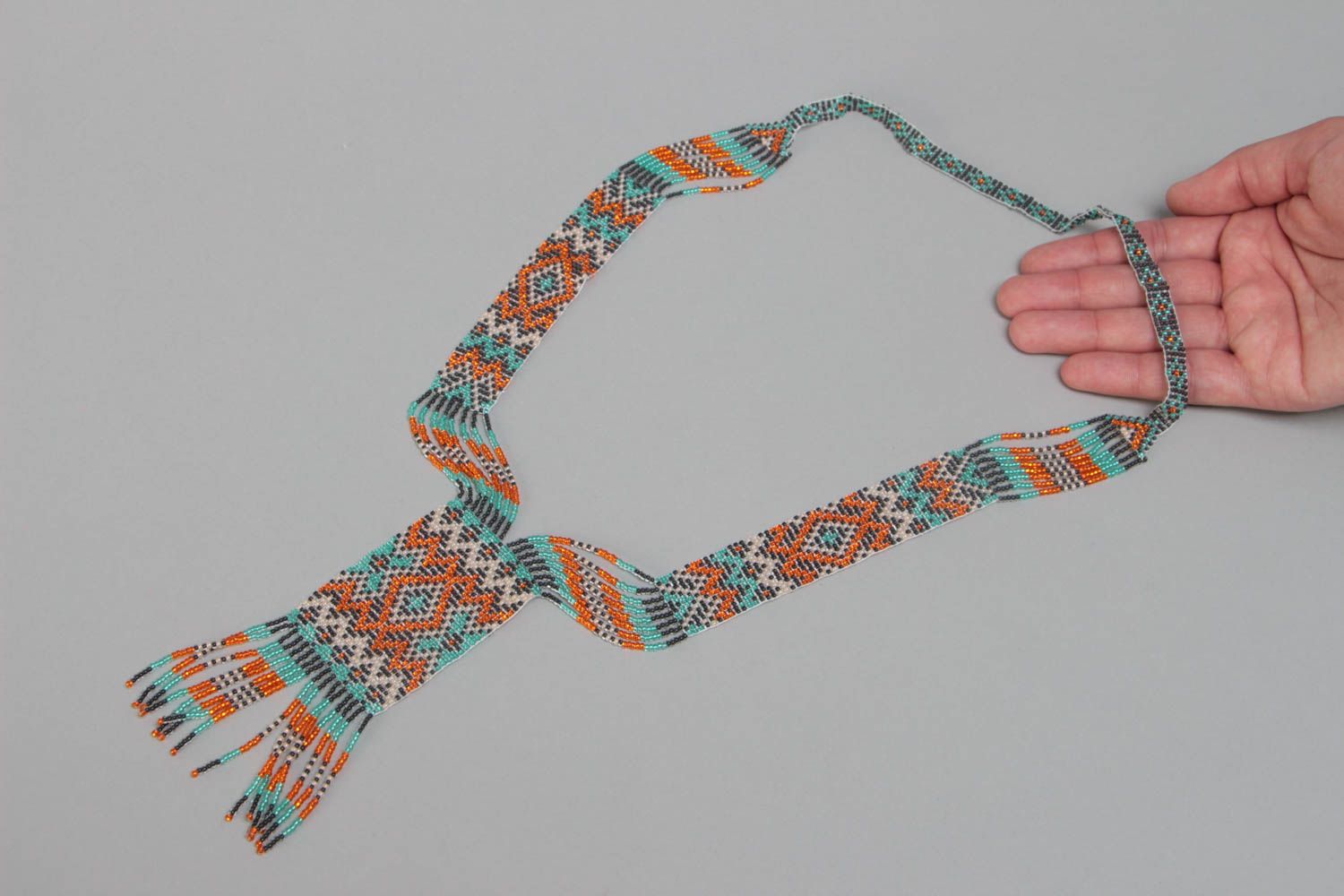 Unusual beautiful bright handmade woven beaded gerdan necklace with ornament photo 5