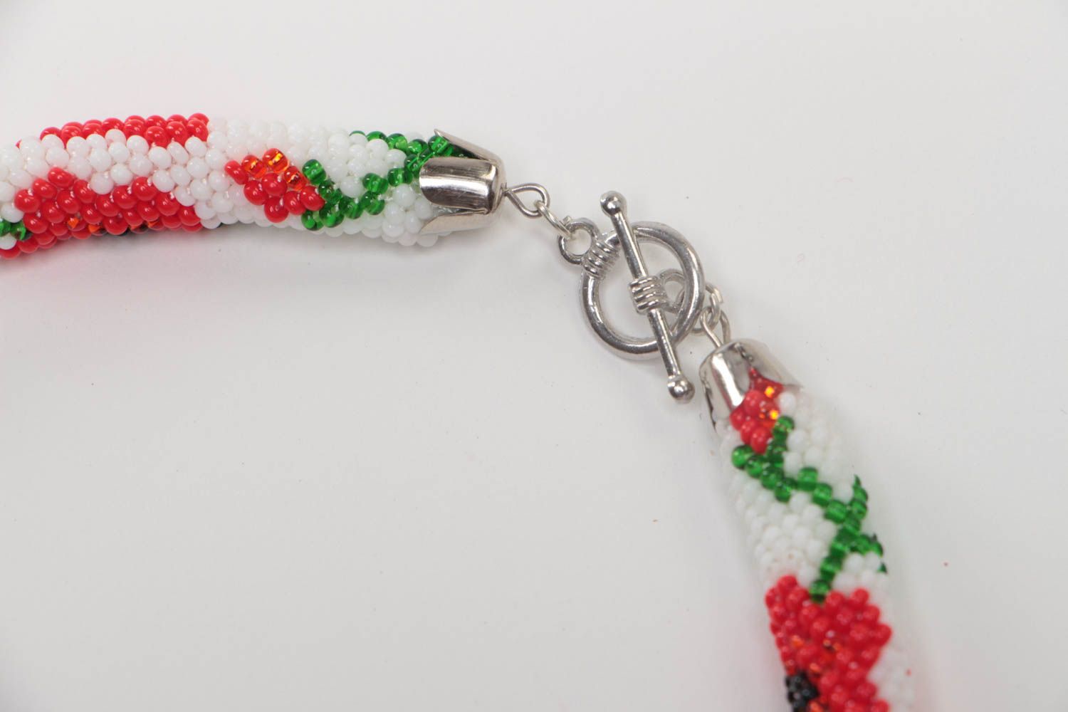 Handmade white beaded cord necklace with bright floral ornament in ethnic style photo 4