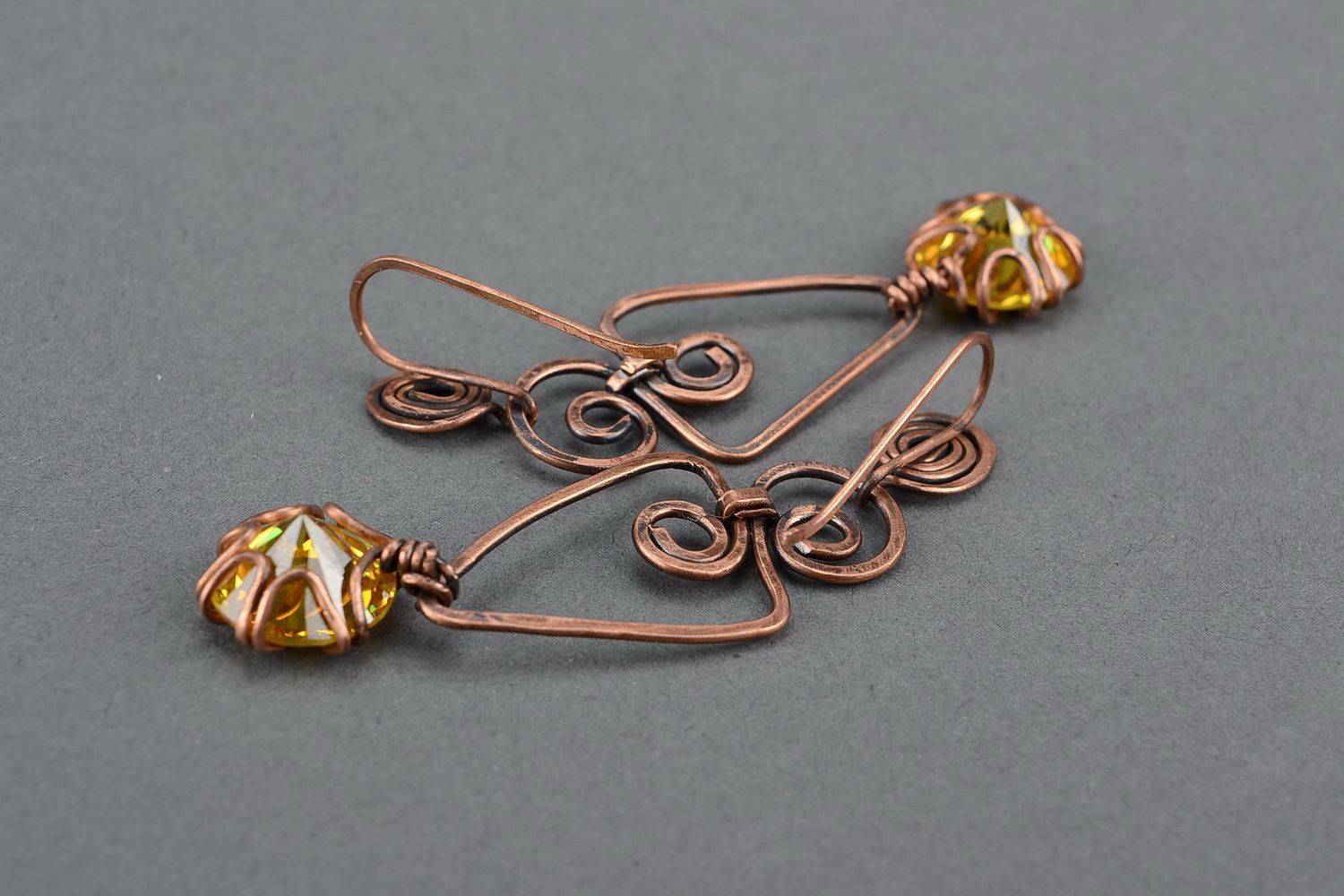 Earrings wire wrap with yellow zirconium photo 3