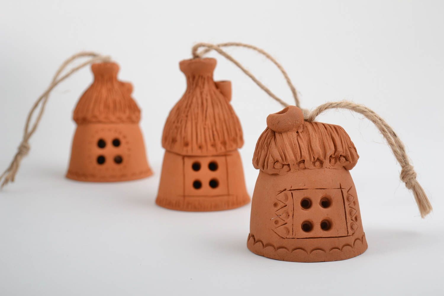 Set of 3 handmade designer molded brown clay bells in the shape of houses photo 2