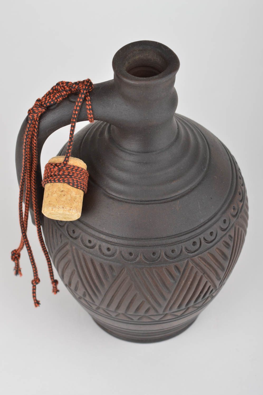Handmade dark ceramic bottle kilned with milk with wooden cork for 300 ml photo 5