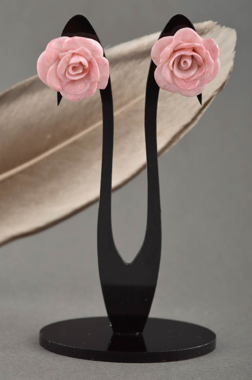 Plastic earrings roses stud earrings flower earrings made of polymer clay photo 1