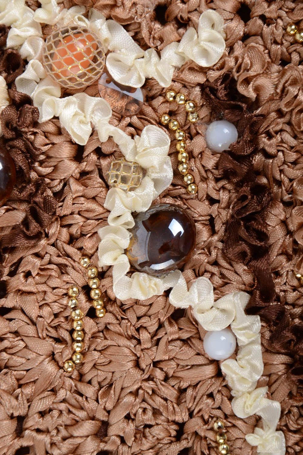 Sac bandoulière femme original tricoté marron avec perles fantaisie fait main photo 4