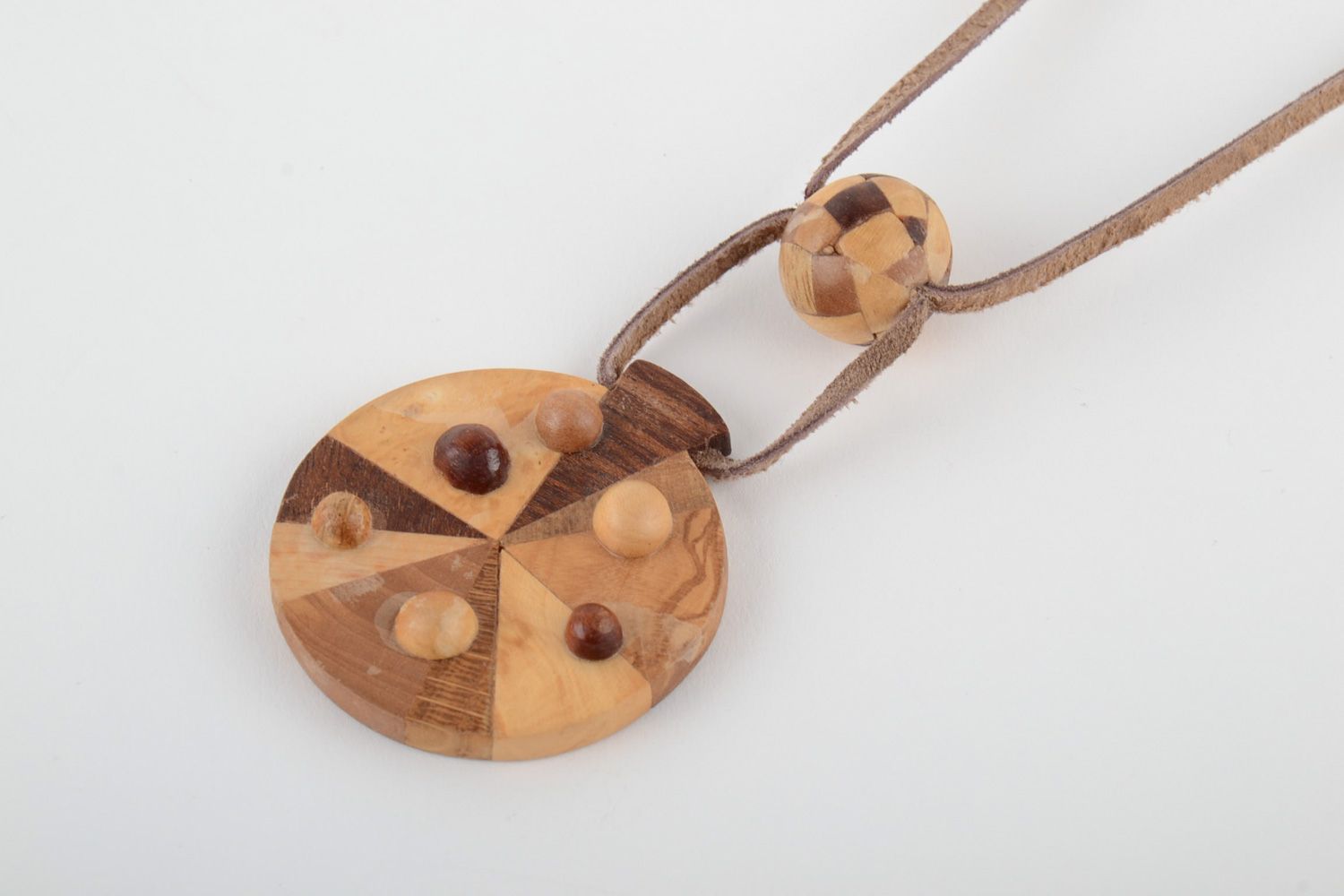 Handmade round neck pendant carved of wood and decorated with intarsia for women photo 3